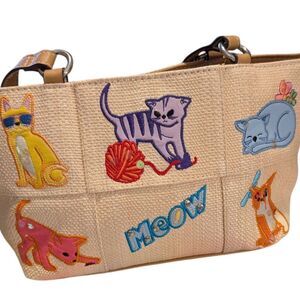 Vintage Women's Rosetti Tan Straw Cat Embroidered Theme‎ Handbag Purse Y2K